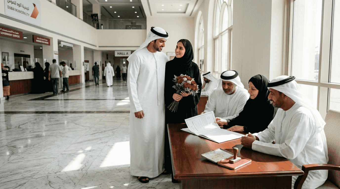 Couple and families at UAE marriage ceremony