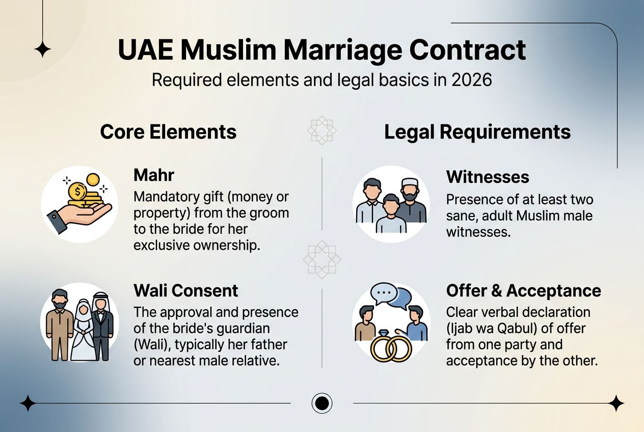 Infographic showing essential UAE Muslim marriage contract elements