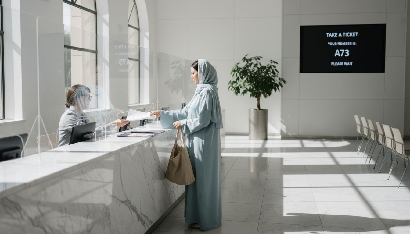 Woman submitting forms at UAE certificate office