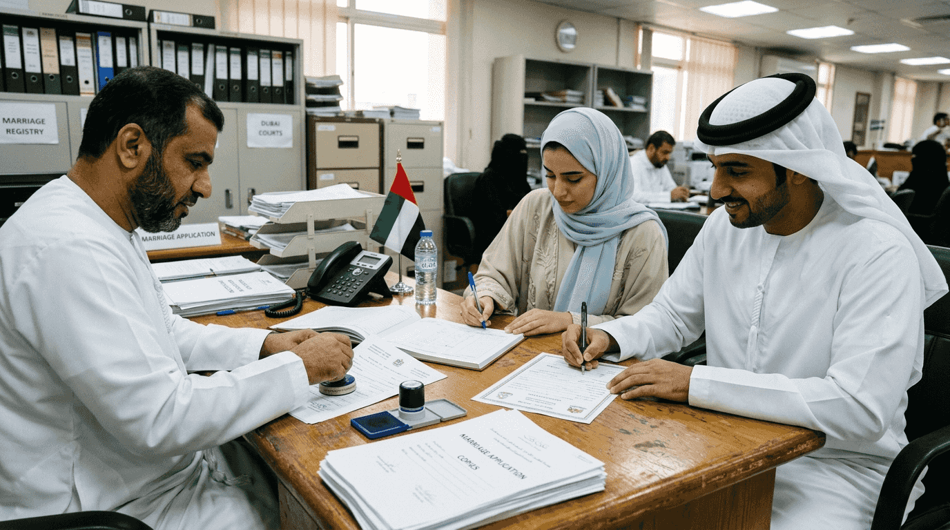 Couple and official signing marriage documents in UAE