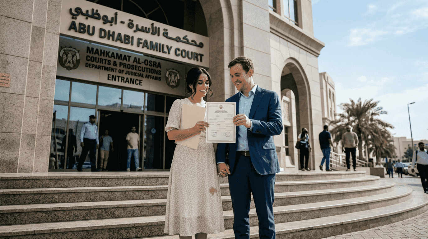Couple outside Abu Dhabi Family Court with certificate
