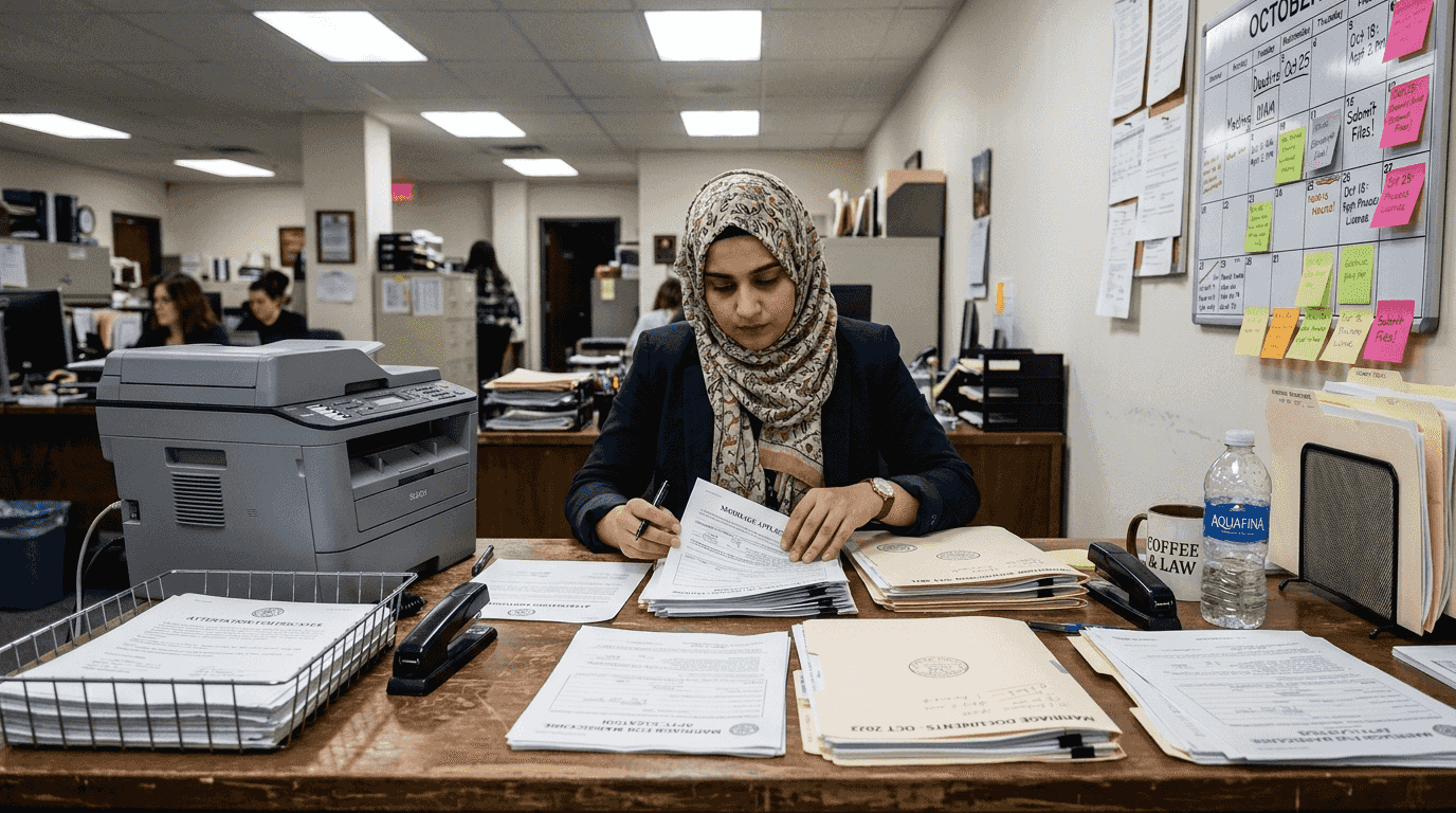 Assistant sorting marriage documents at office desk