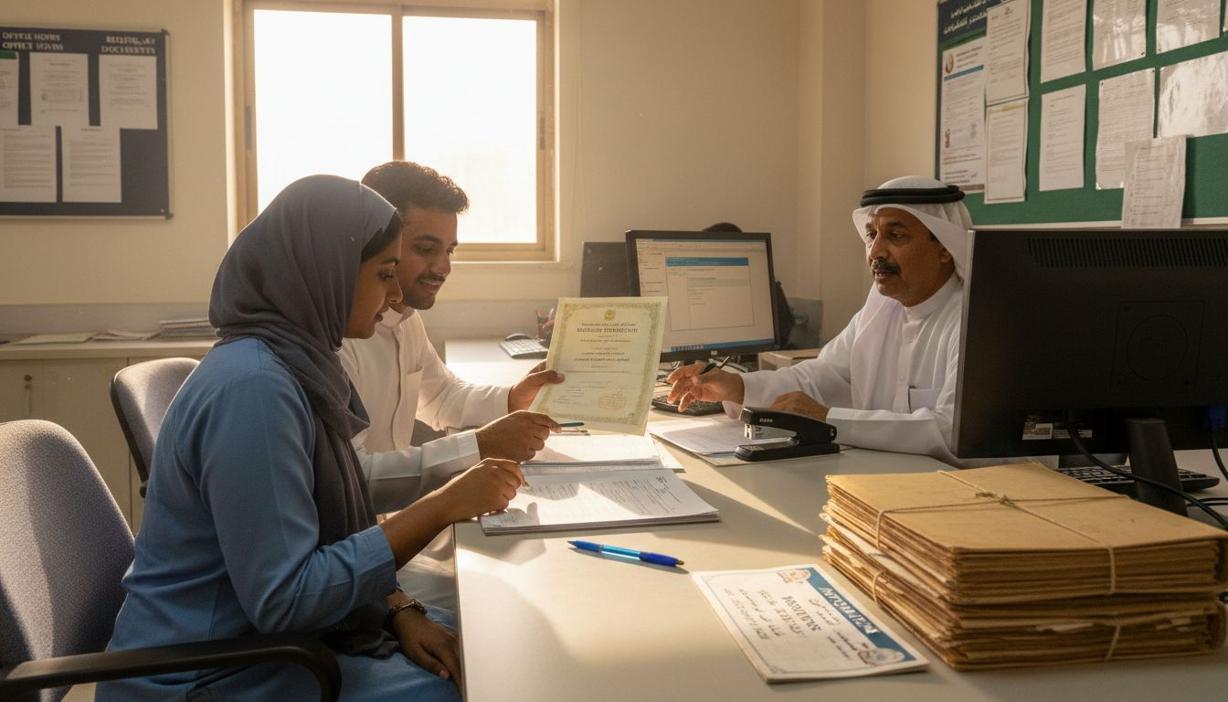 Couple submitting marriage attestation forms in UAE