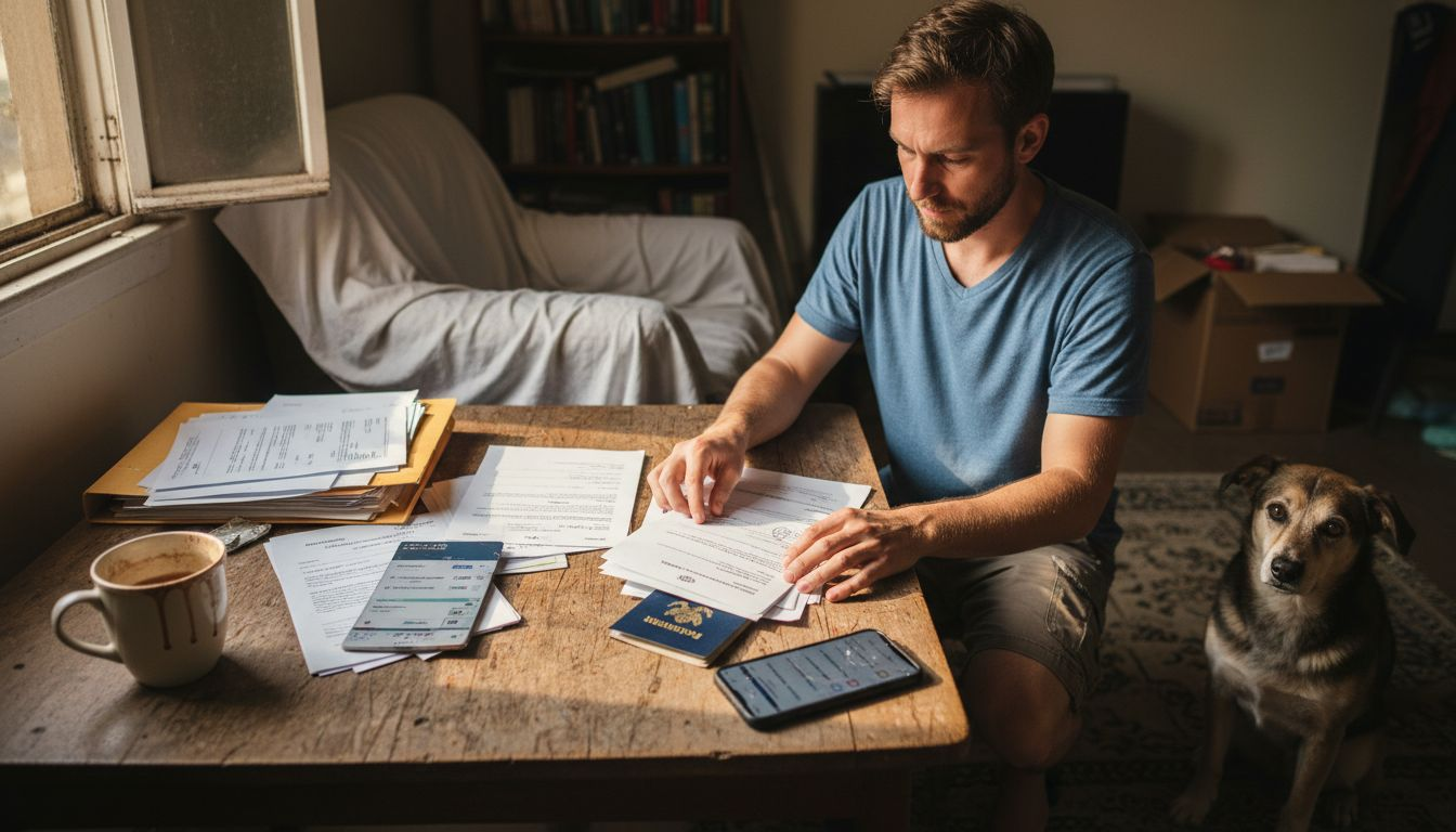 Expat arranging marriage paperwork in living room