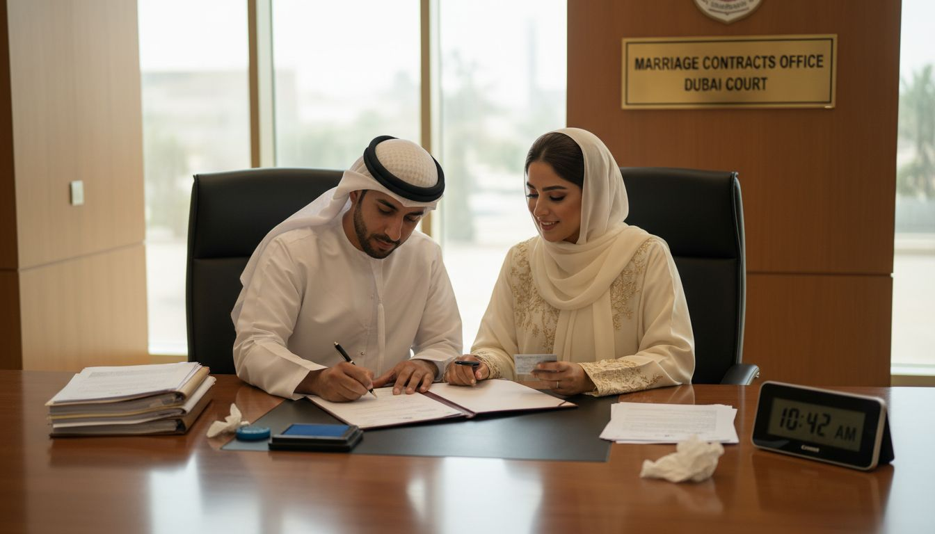 Emirati couple signing marriage contract in office