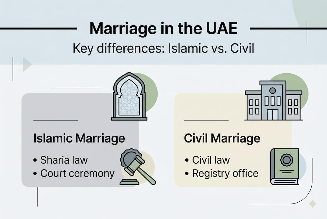Infographic comparing Islamic and civil marriage in UAE