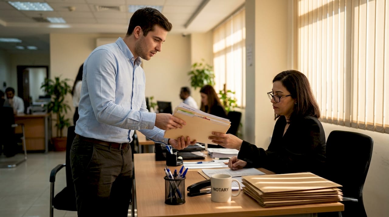 Expat presents documents for official attestation