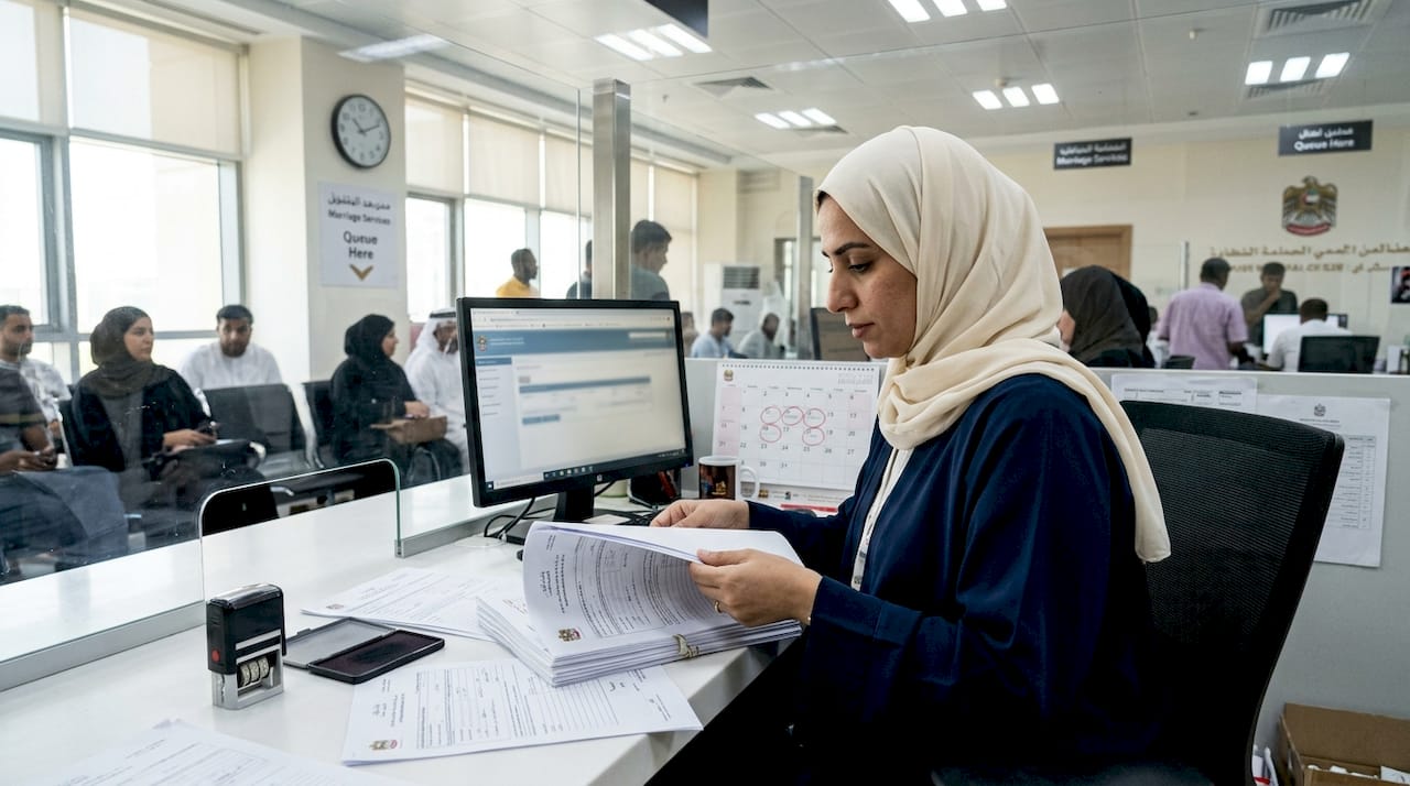 Government clerk reviews marriage documents at office counter