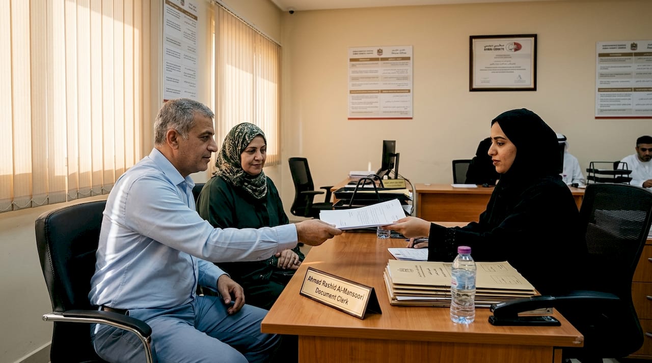 Couple submitting marriage documents at Sharia office