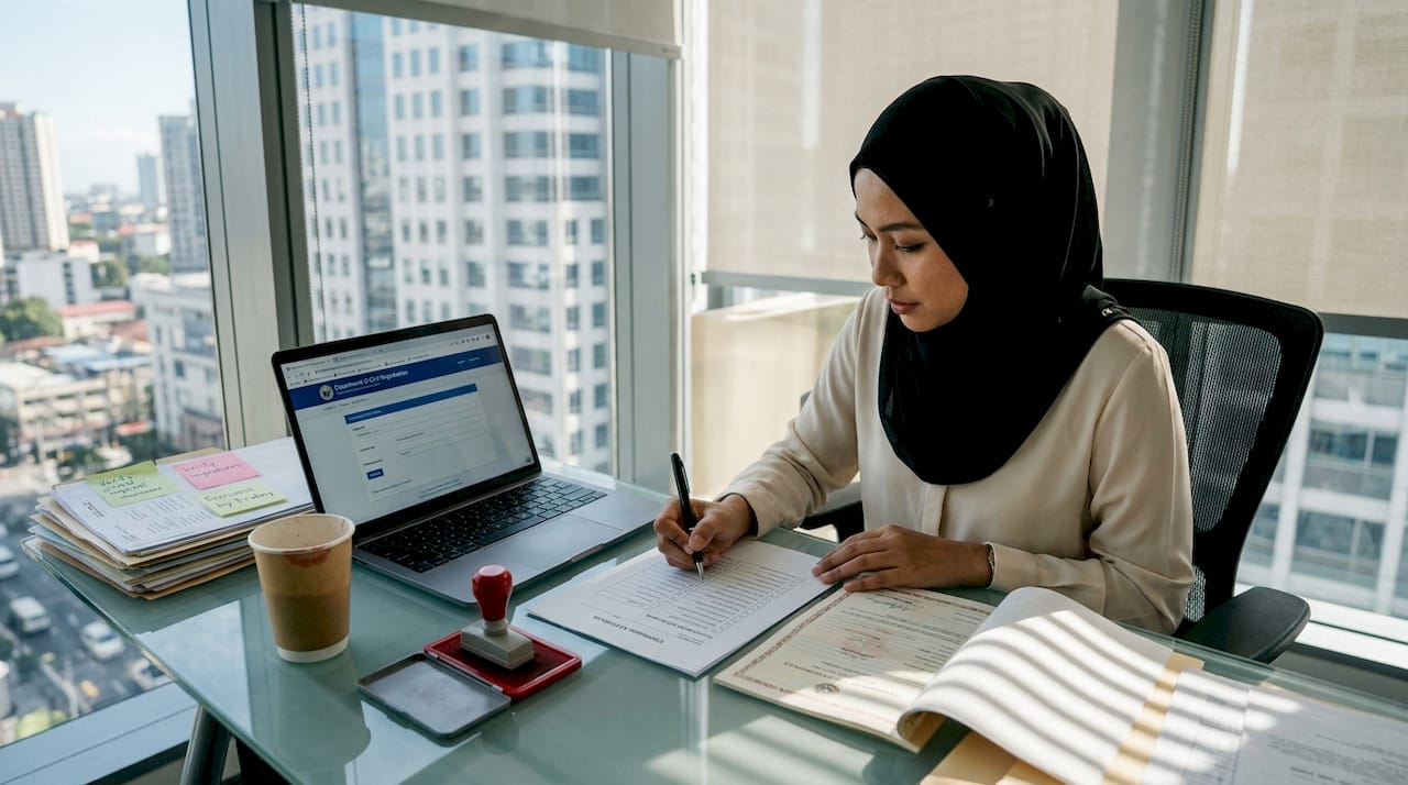 Woman verifying marriage documents in office