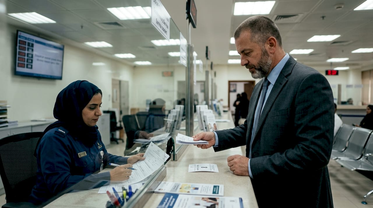 Man submitting documents at Dubai attestation office