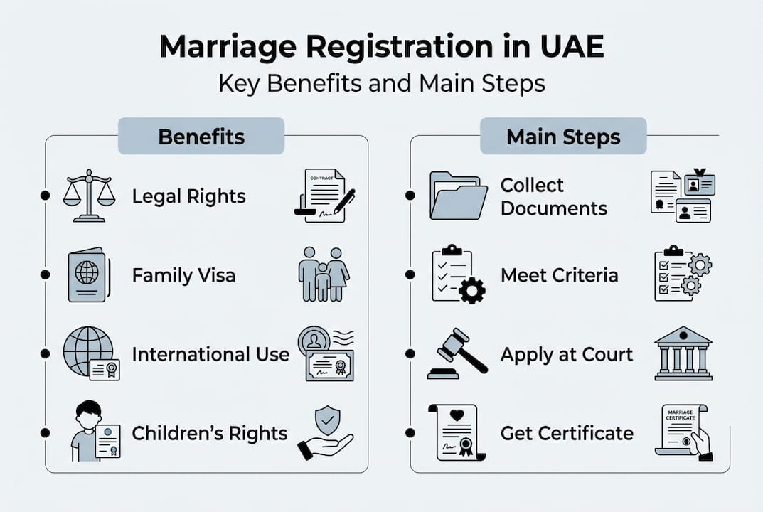 Infographic outlining UAE marriage steps and benefits