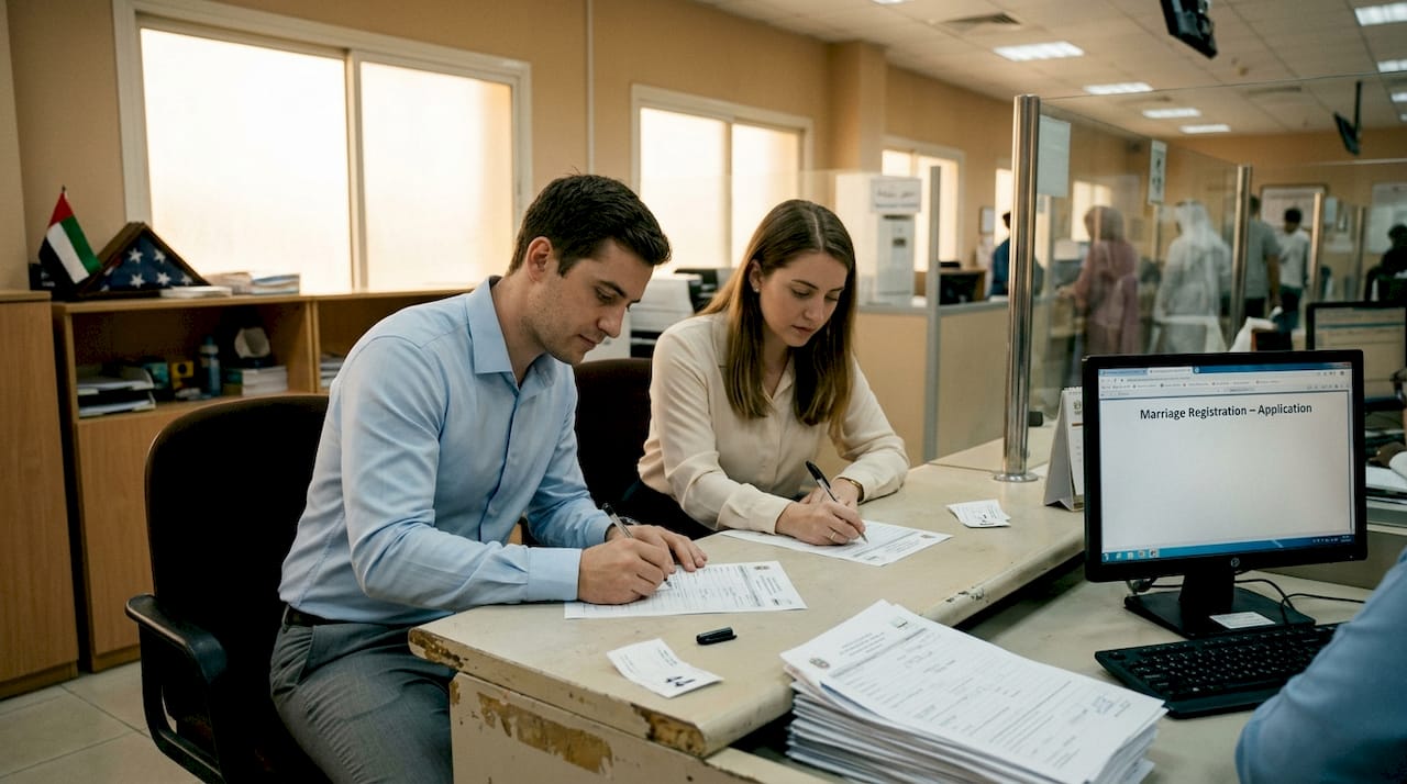 Couple registering marriage at UAE office counter