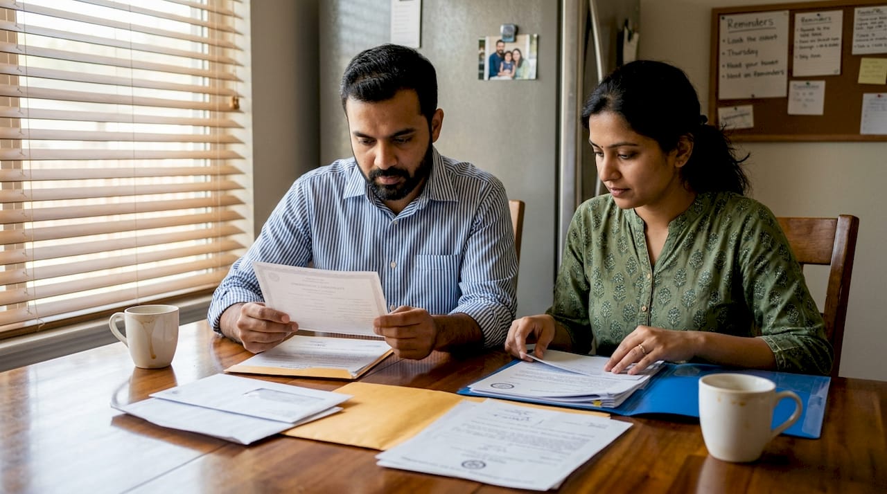 Couple organizing marriage legal documents at home