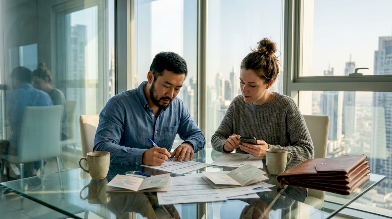 Expat couple reviewing UAE marriage documents