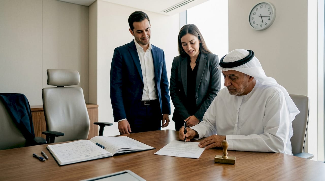 Witness signing paperwork for UAE marriage