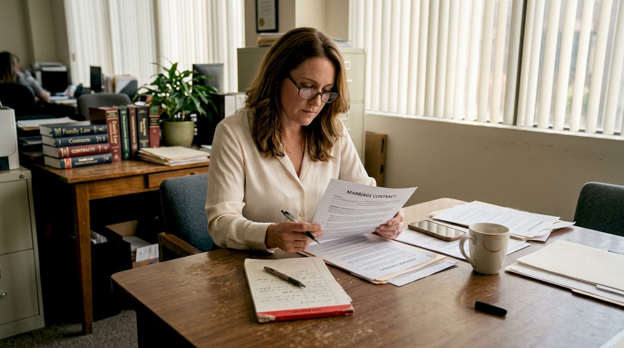 Legal advisor reading marriage contract paperwork