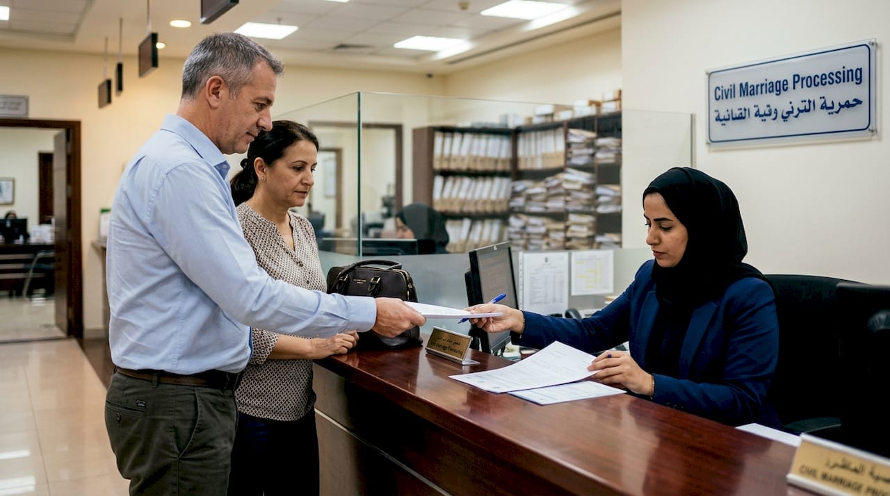 Couple submitting documents at UAE courthouse