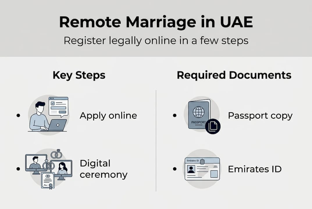 Infographic showing UAE online marriage steps and documents