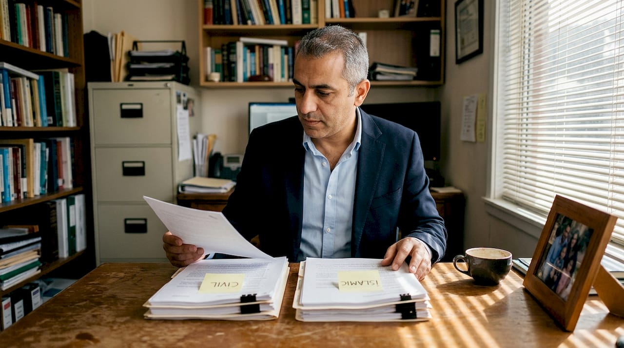 Advisor comparing civil and Islamic marriage papers