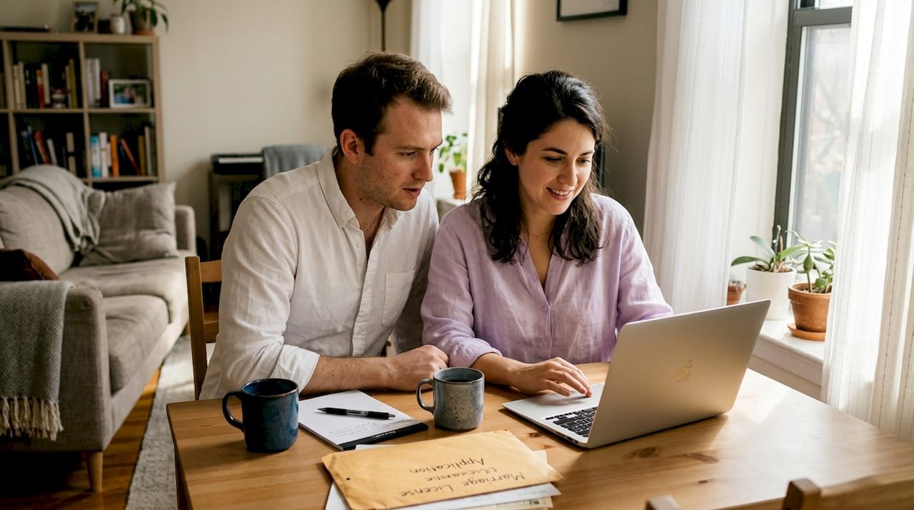 Couple registering marriage online together