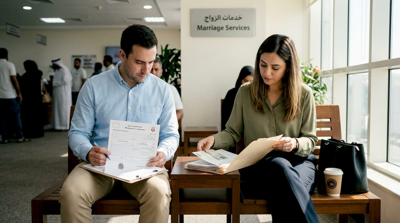 Couple completing marriage forms at UAE office