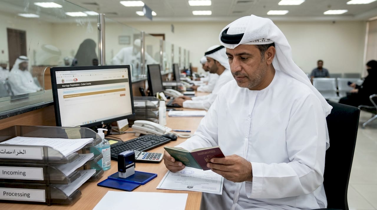 Court clerk reviewing marriage documents