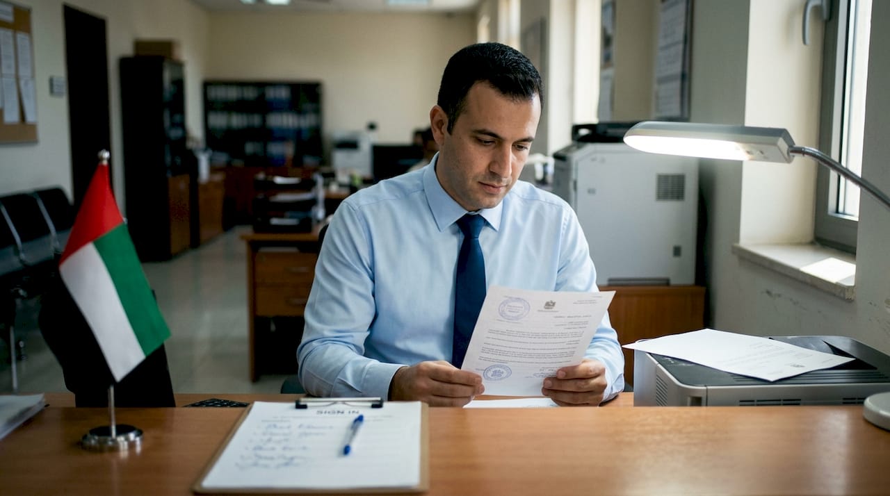 Embassy staff checks marriage documents at counter