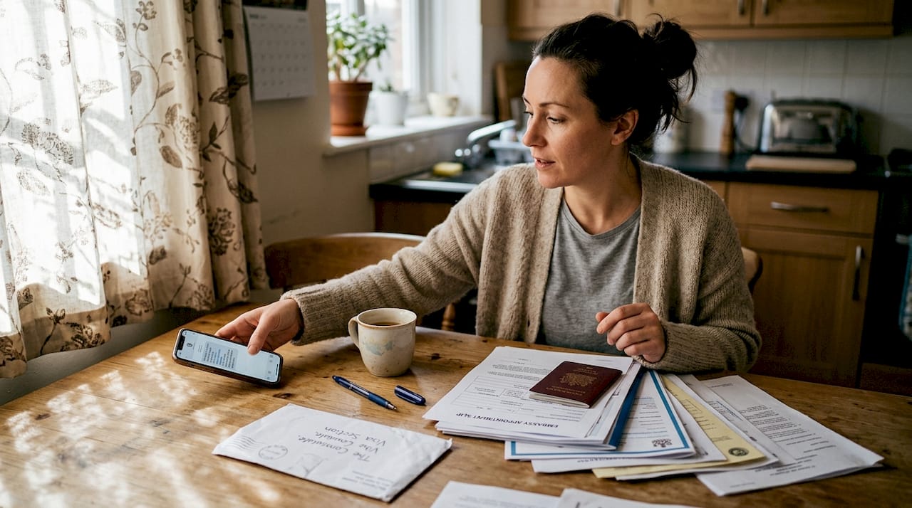 Woman organizing embassy documents before marriage