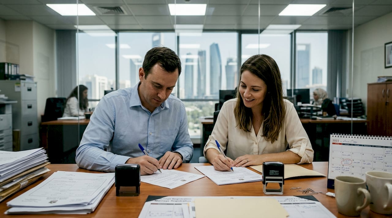 Couple filling marriage paperwork at UAE office