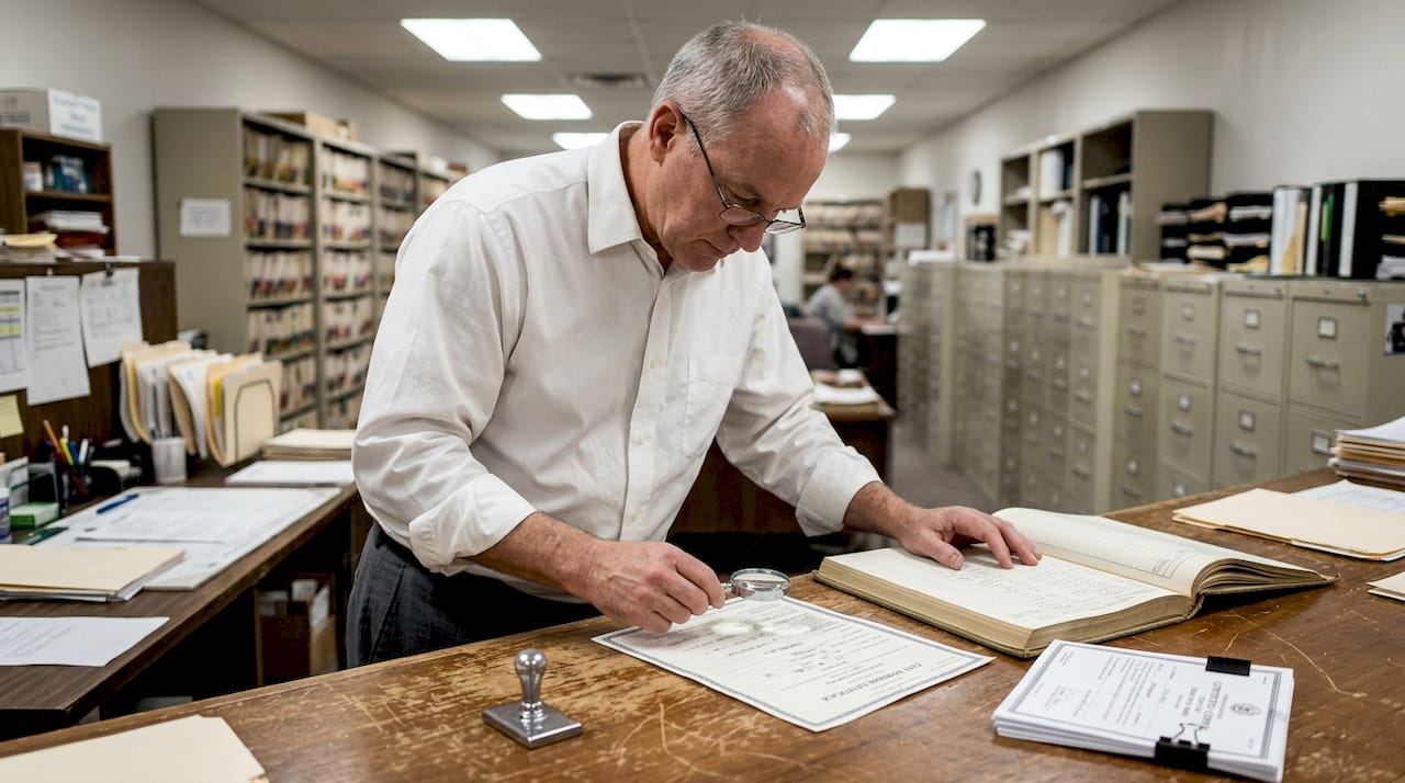 Clerk verifying civil marriage certificate details
