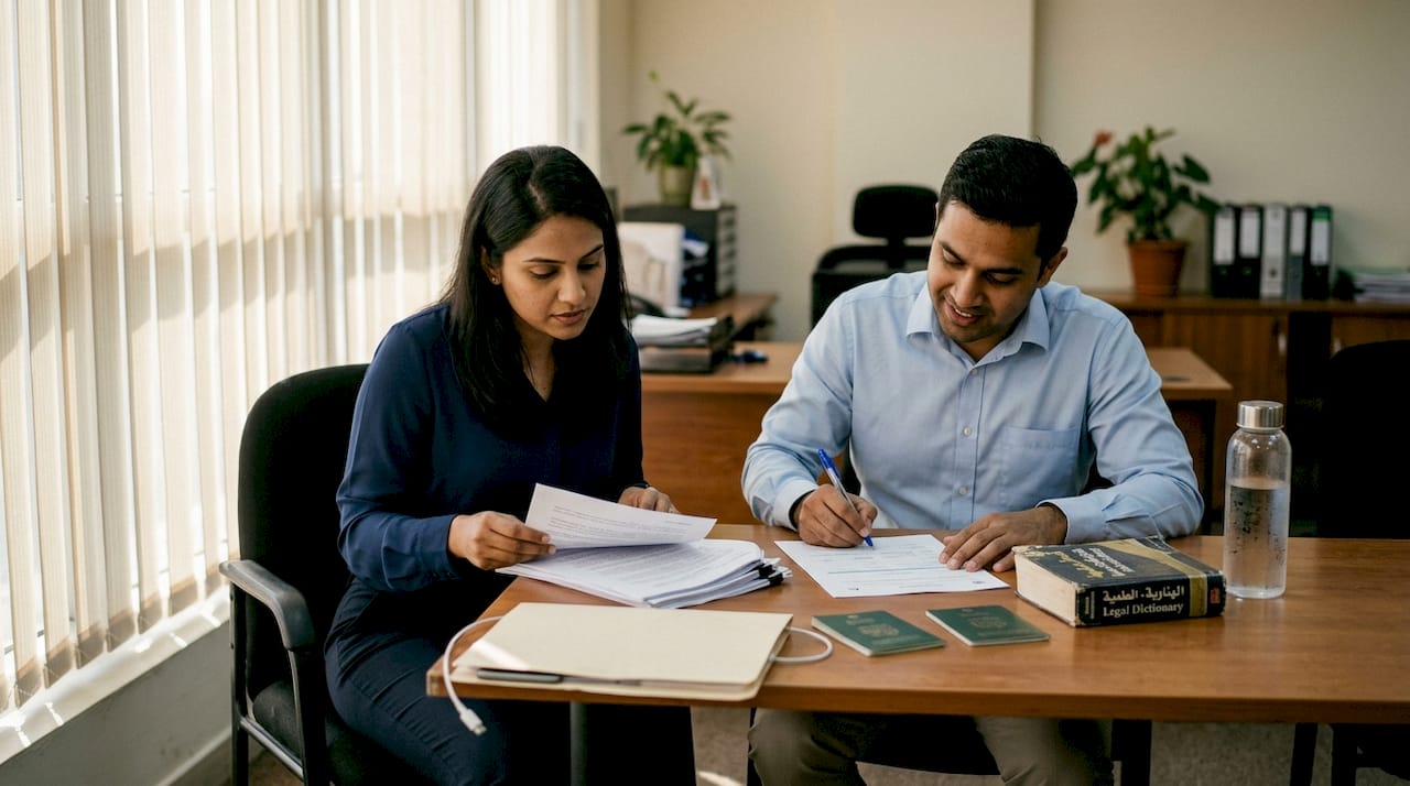 Couple signing legal marriage validation papers
