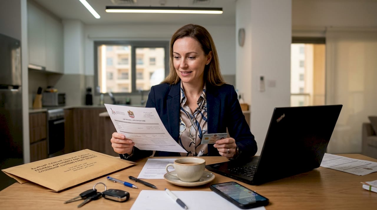 Woman reviews UAE residency paperwork at home