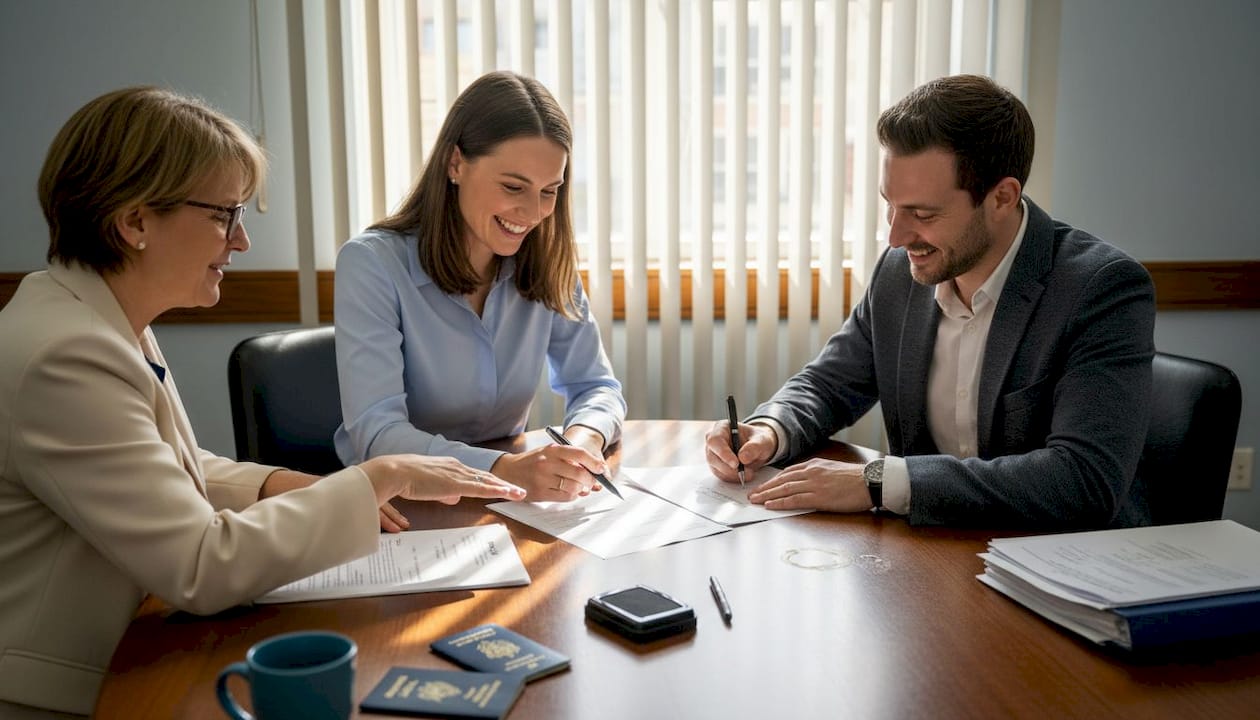 Couple signing UAE marriage paperwork with witness
