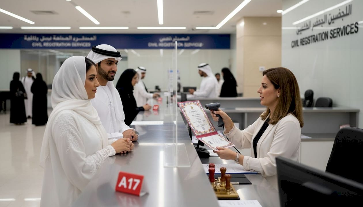 Civil registry clerk processes marriage document