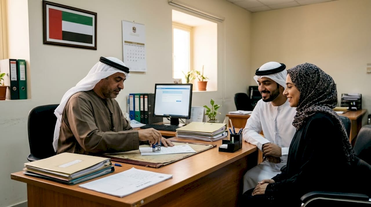 Court official registering marriage contract in UAE