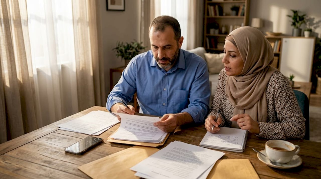 Couple organizing marriage documents at home