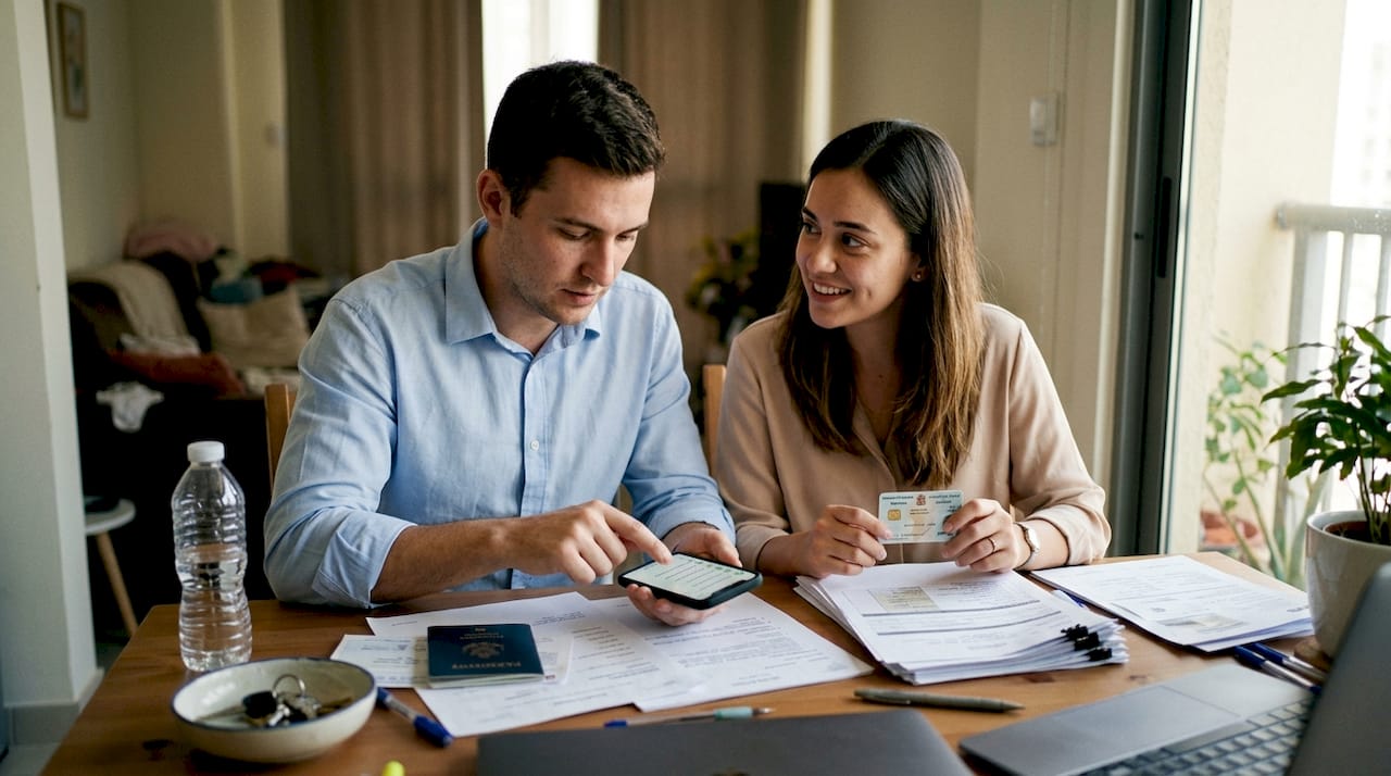 Couple reviewing UAE marriage paperwork