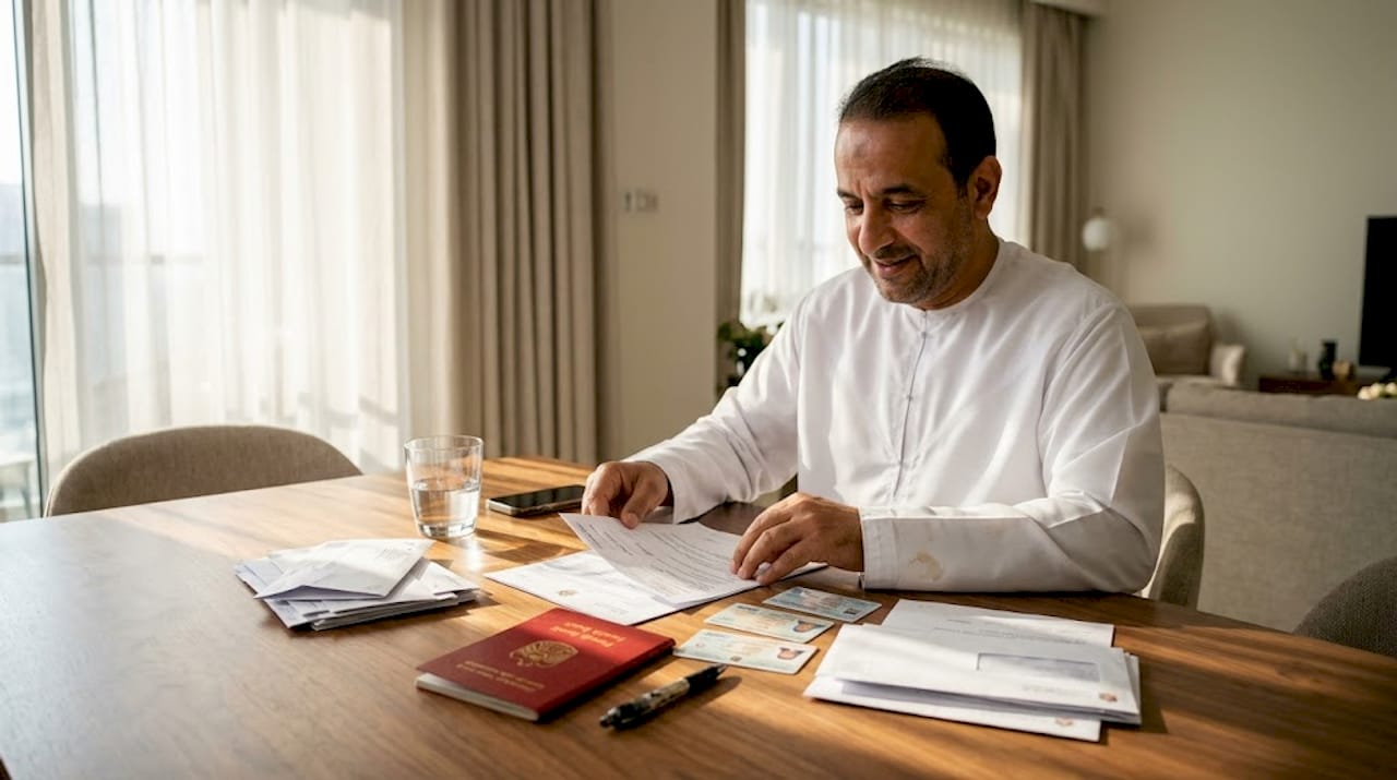 Emirati man reviewing family registry documents