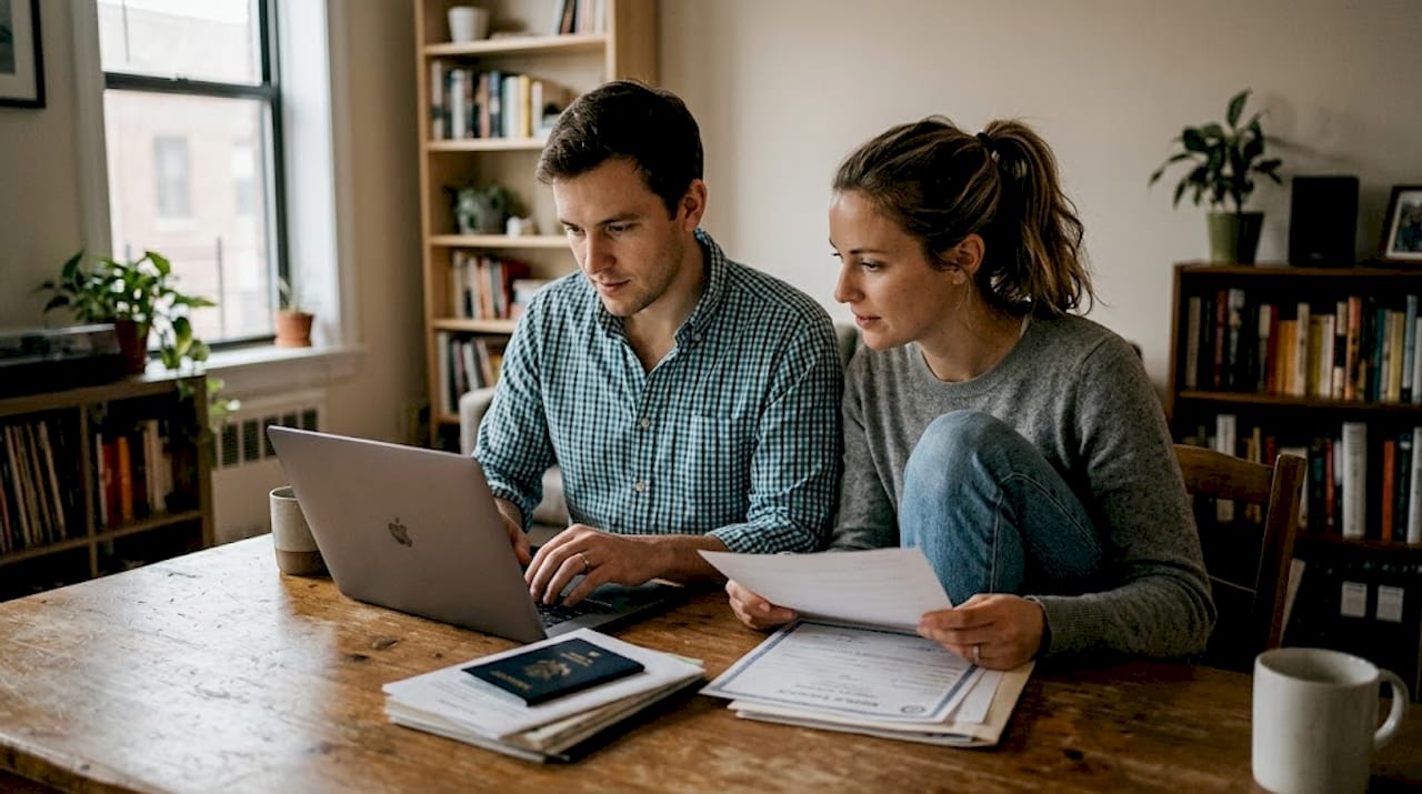 Expat couple preparing marriage documents
