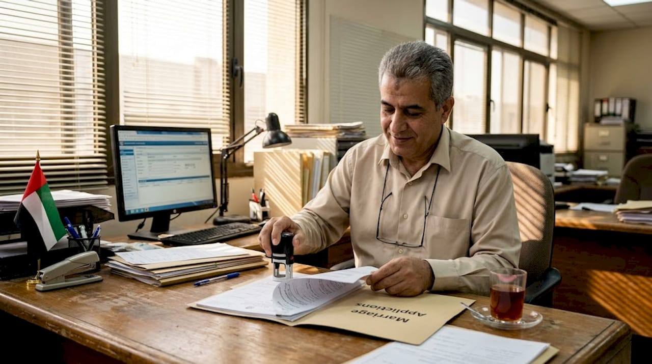 Civil servant processing UAE marriage paper forms