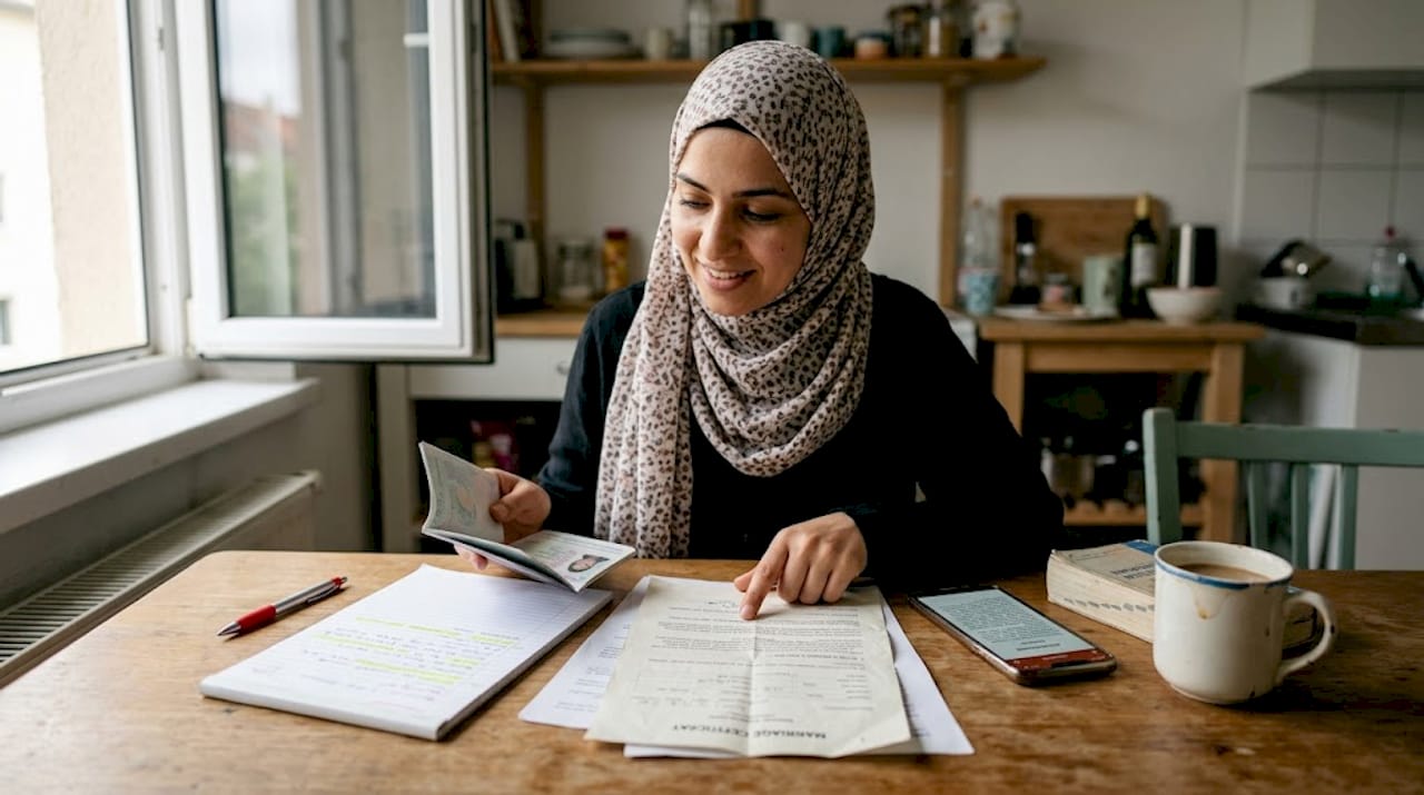 Expat woman organizing UAE marriage documents