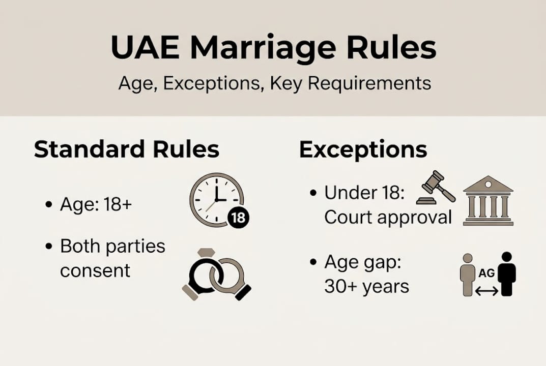 Infographic showing UAE marriage rules and exceptions