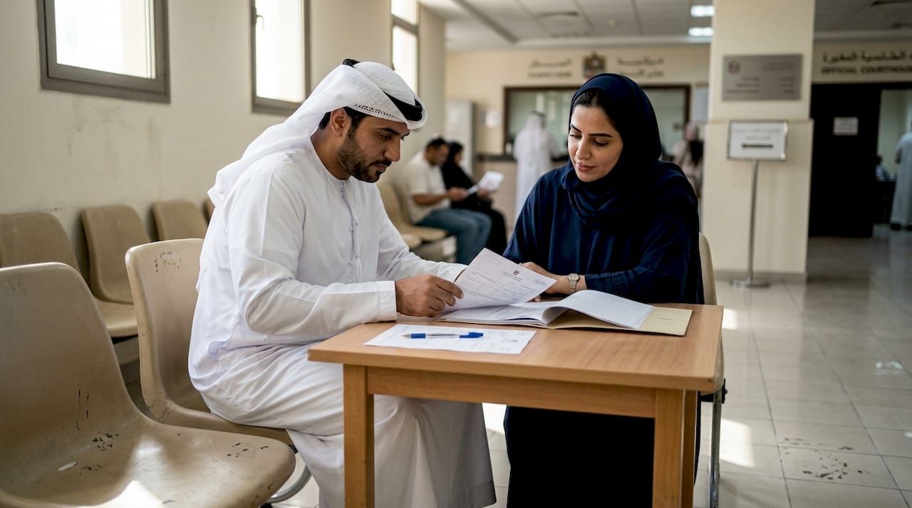 Emirati couple reviewing marriage paperwork