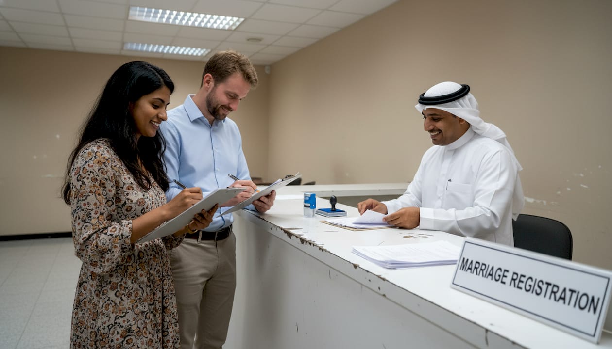 Couple registering civil marriage at UAE office