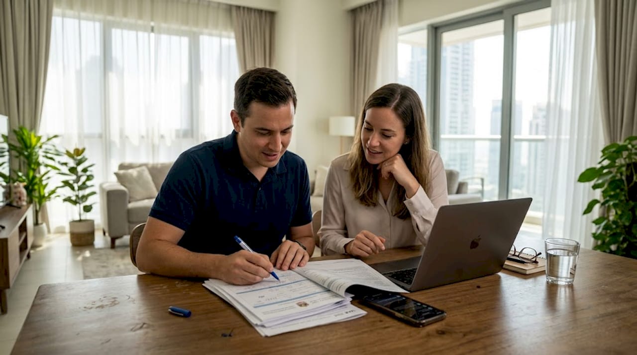 UAE couple reviewing marriage paperwork at home