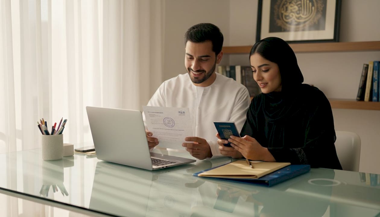 Emirati couple preparing wedding paperwork UAE