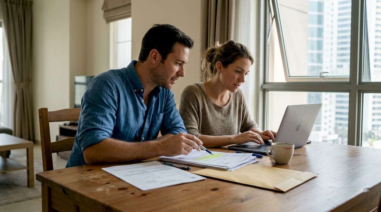Couple reviewing marriage paperwork at home
