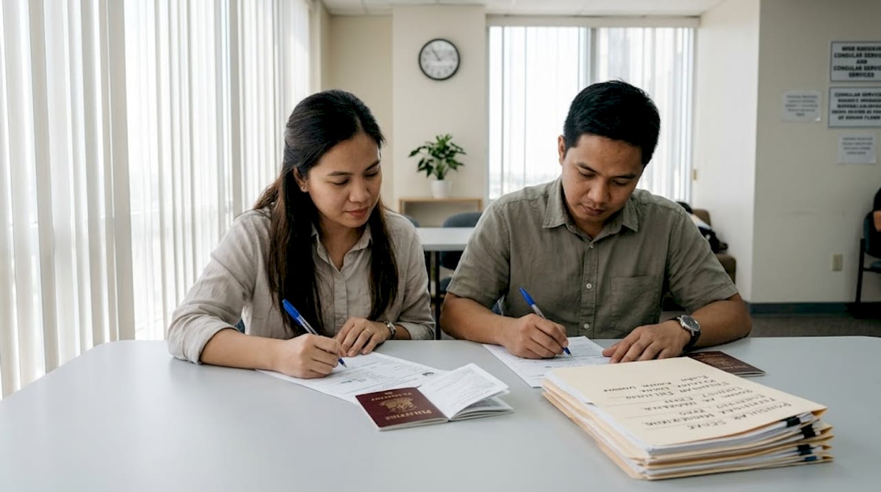 Couple preparing marriage documents at consulate