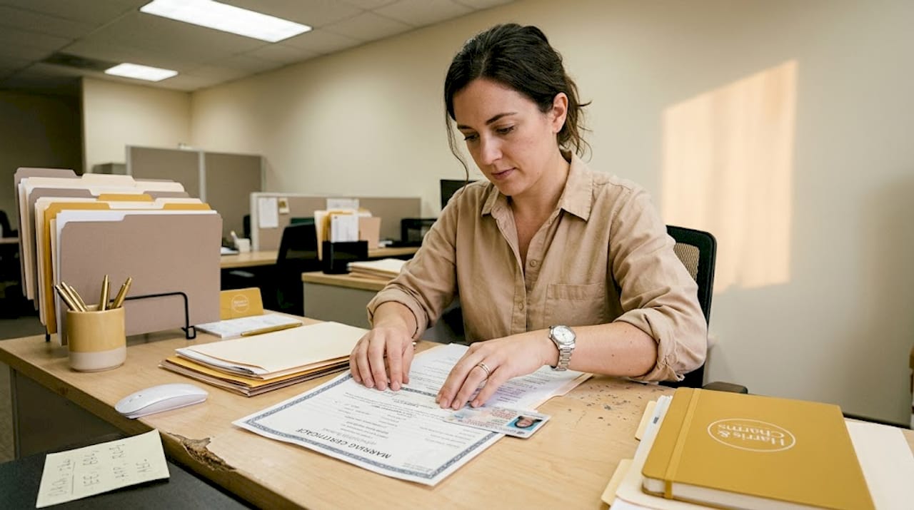 Assistant verifying marriage certificate paperwork